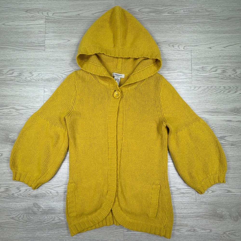 Vertigo Paris Women's Cardigan Sweater Yellow Small Hooded Balloon Sleeve